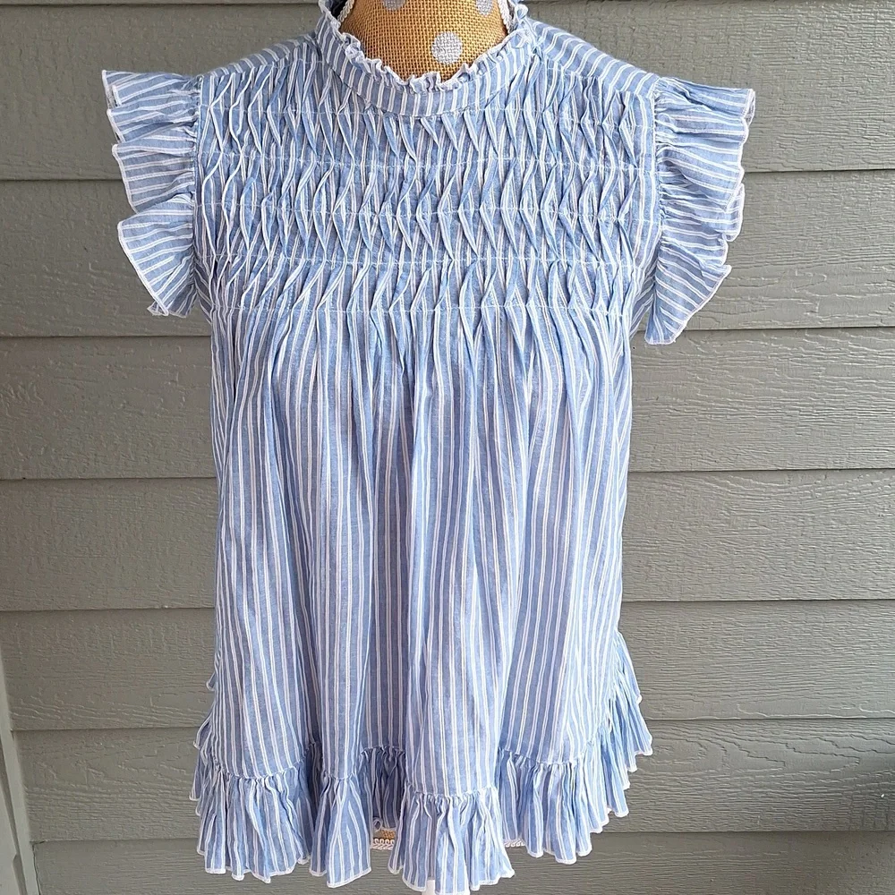 Anthropologie Uli Ruffle Flutter Sleeve Striped Cotton Blouse XS - Picture 4 of 12